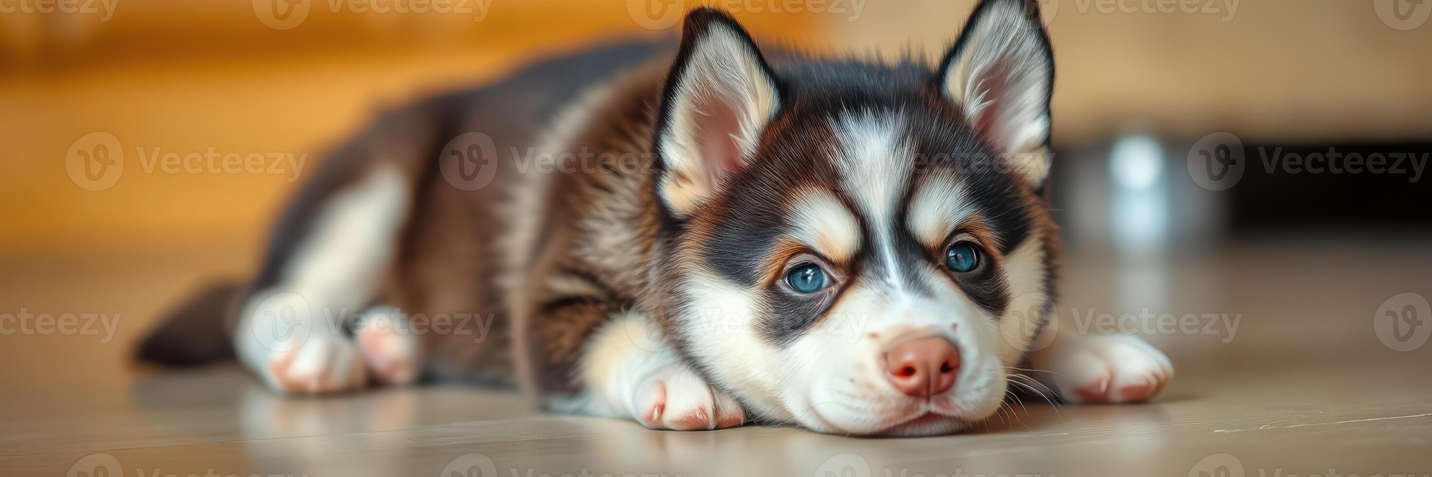 Cute husky puppy resting indoors on a polished floor in a cozy home environment photo