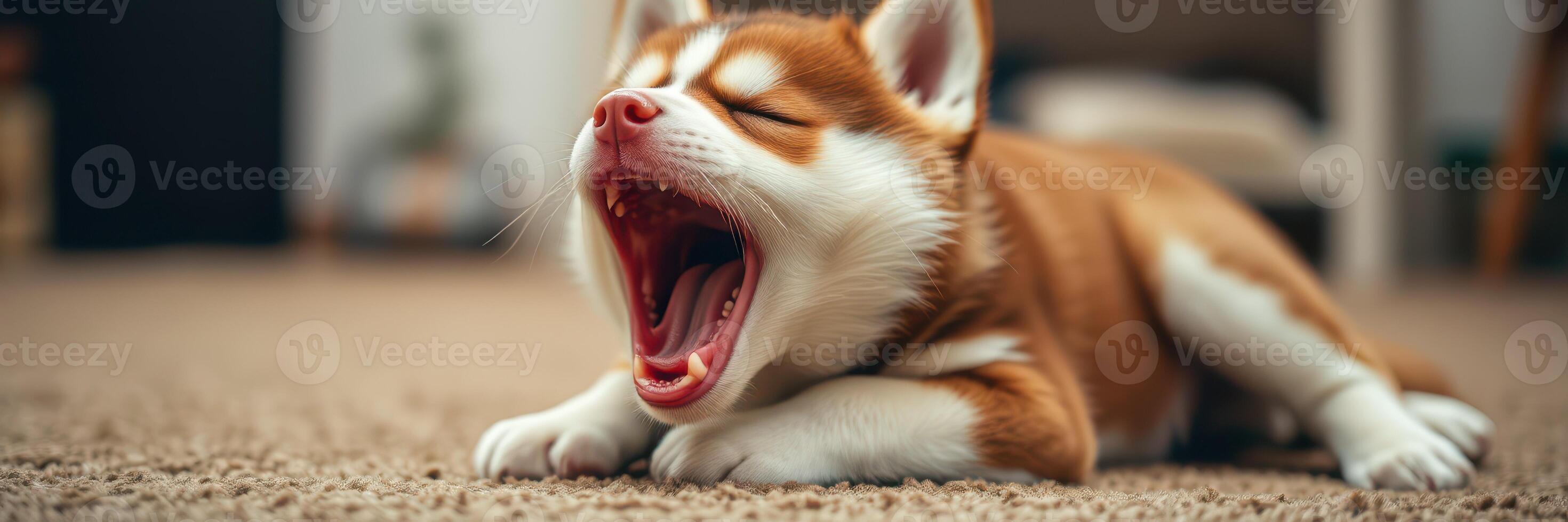 Cute puppy yawns while lying on the carpet in a cozy indoor setting during a lazy afternoon photo