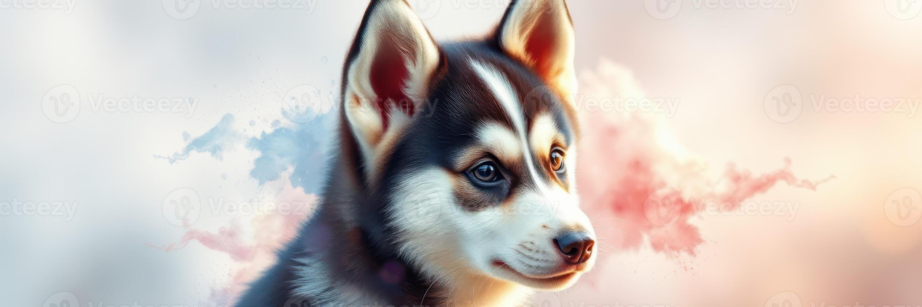 Portrait of a young husky puppy with soft fur and expressive eyes against a dreamy pastel background photo