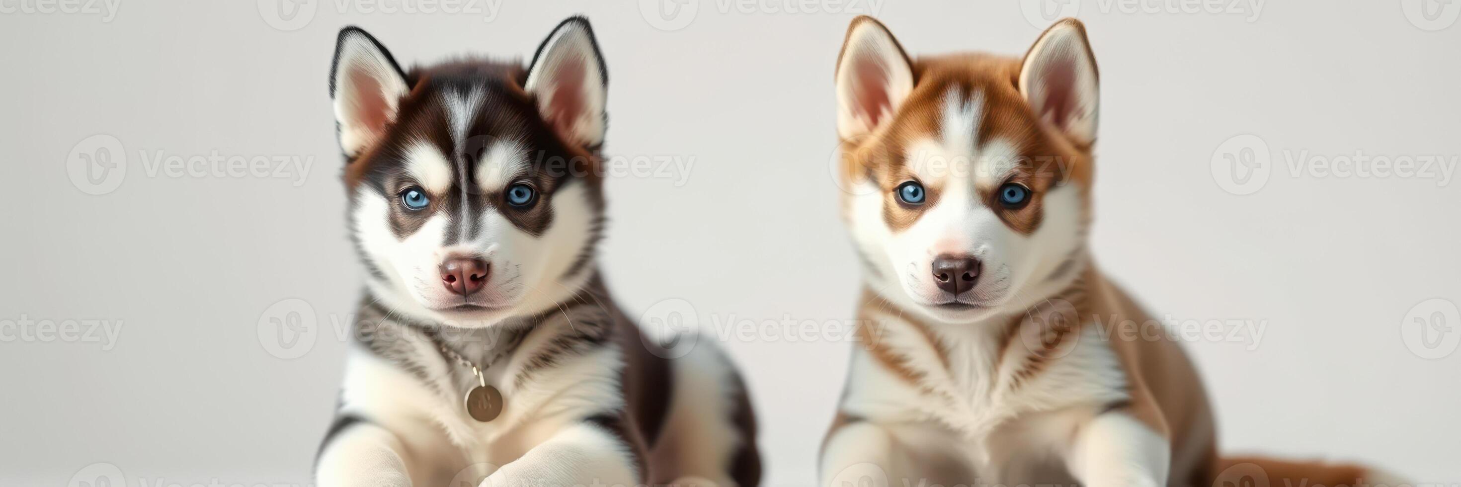 Two adorable husky puppies sitting side by side on a light background with curious expressions photo