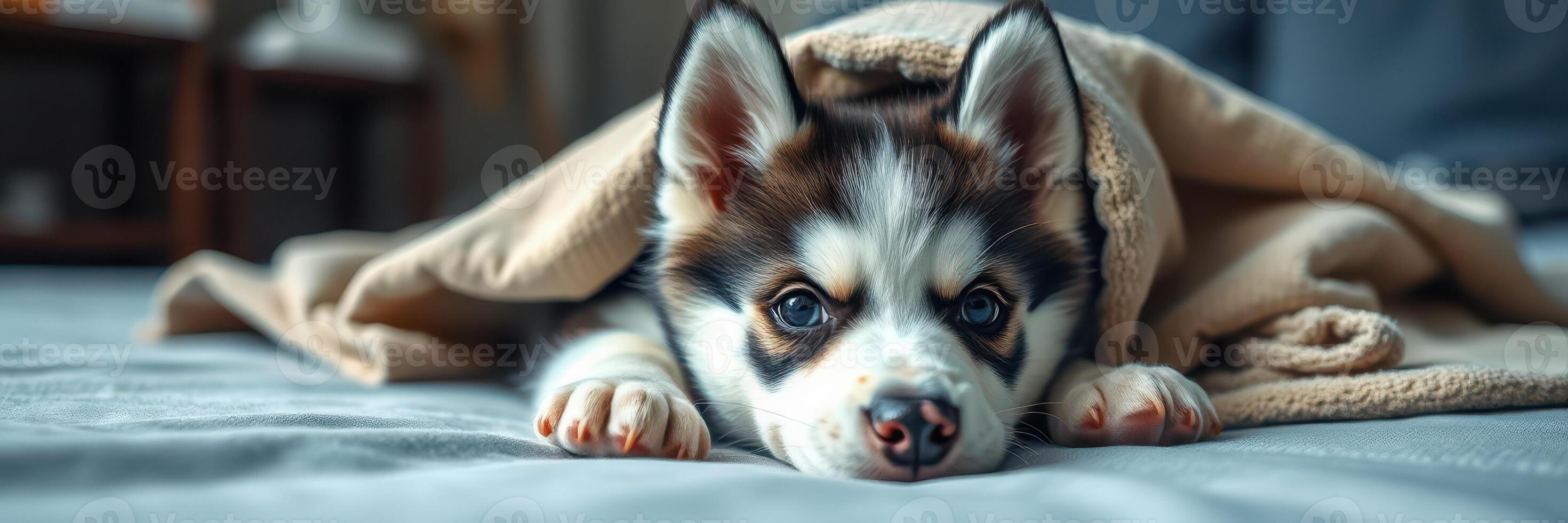 Cute puppy snuggles under a blanket on a cozy bed in a warm indoor setting during the afternoon photo