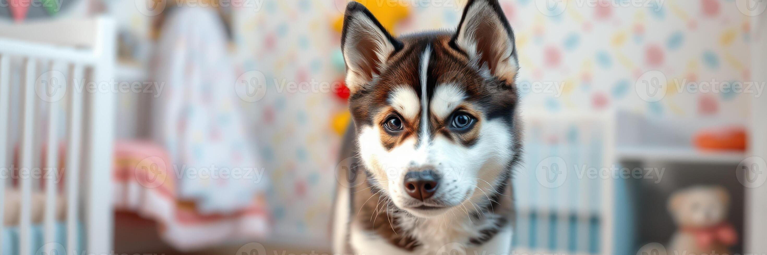Playful husky puppy exploring a colorful nursery decorated with toys and pastel patterns photo