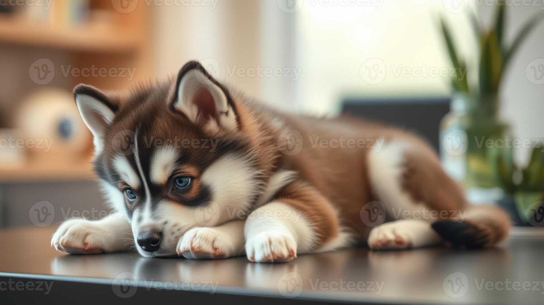 Cute husky puppy relaxing on a table in a bright room with plants and soft lighting photo