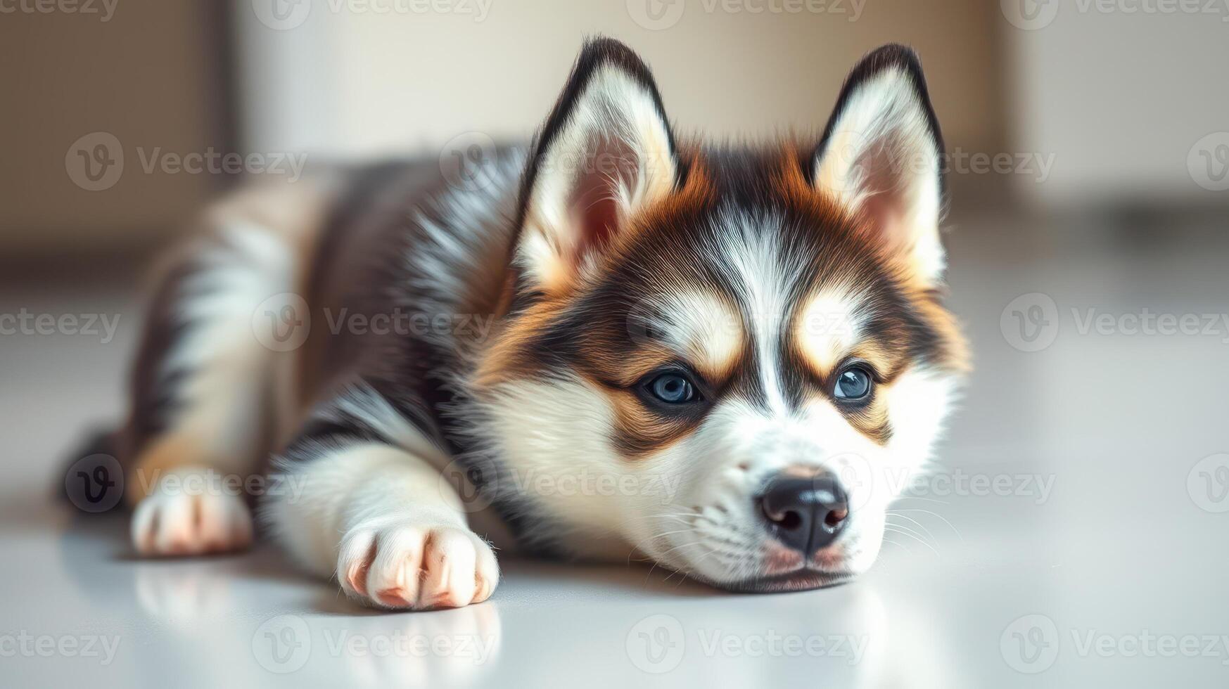 Cute puppy resting indoors with a calm expression on its face in soft lighting photo