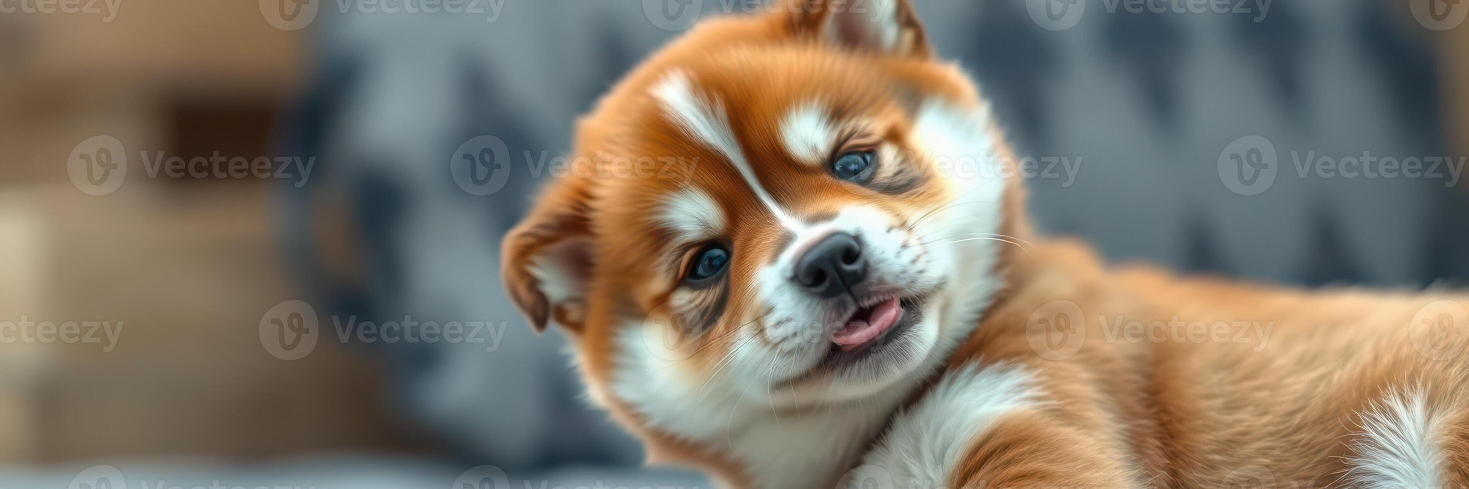 Cute brown puppy gazes curiously while lounging on a soft surface in a cozy indoor setting during the day photo