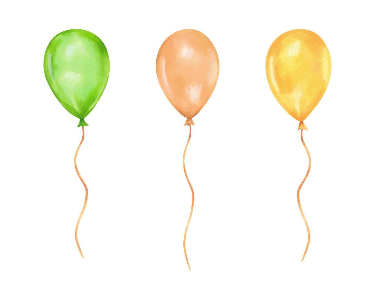 Set of inflatable flying balls on a rope. Illustration with watercolor and marker. Hand drawn isolated sketch. Festive airy floating decorations for birthdays, holidays. Helium balloons on threads vector