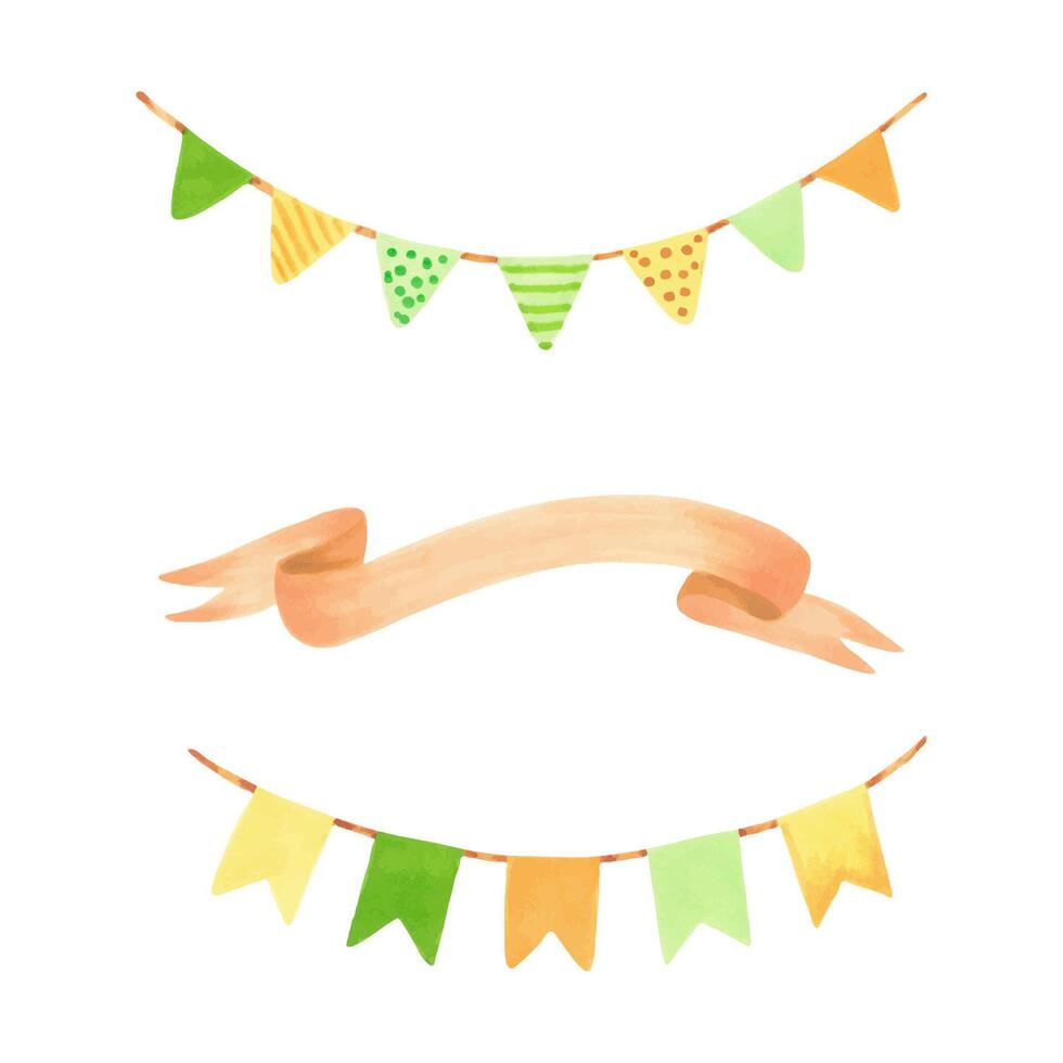 Set of garlands with ribbon for text.Watercolor and markers illustration.Hand drawn isolated stripe and bunting for banner.Clip art for message,cards or invitations,seasonal holidays vector