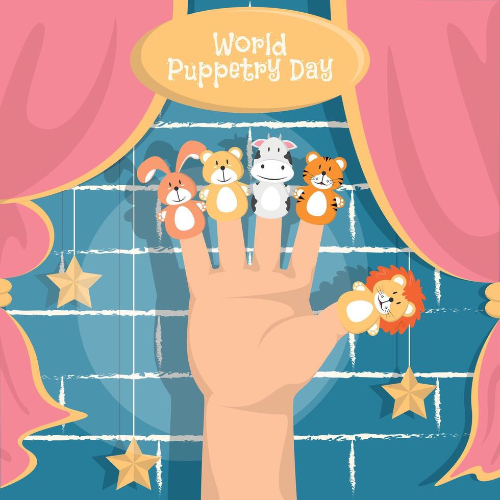 World Puppetry Day Poster. Animal finger puppet show on stage vector