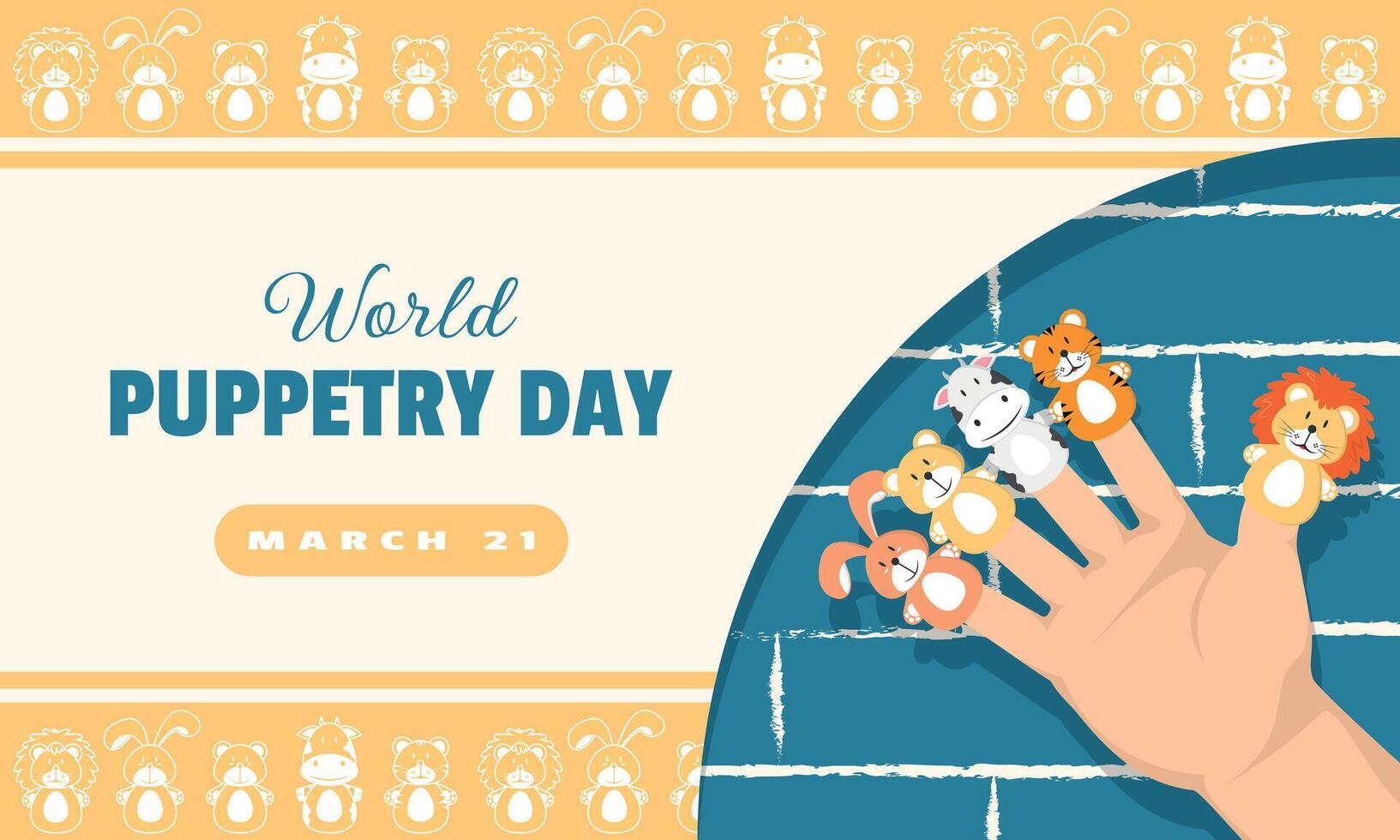 World Puppetry Day Poster. Animal finger puppets with brickwork background vector
