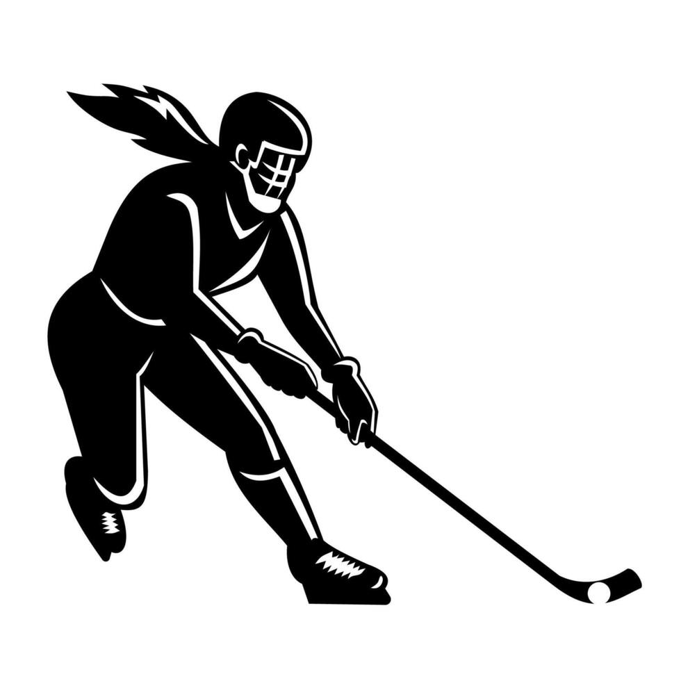 Female Bandy Player Striking Ball with Stick Silhouette Retro Woodcut vector