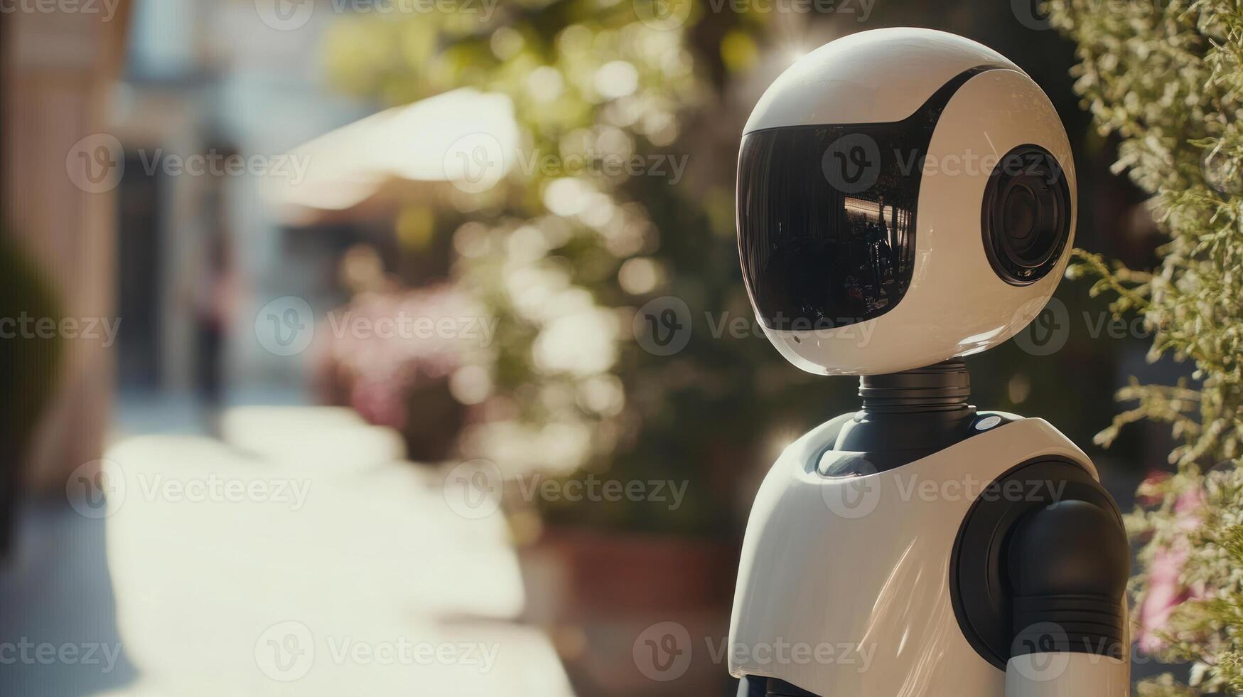 A robot standing in front of a building photo