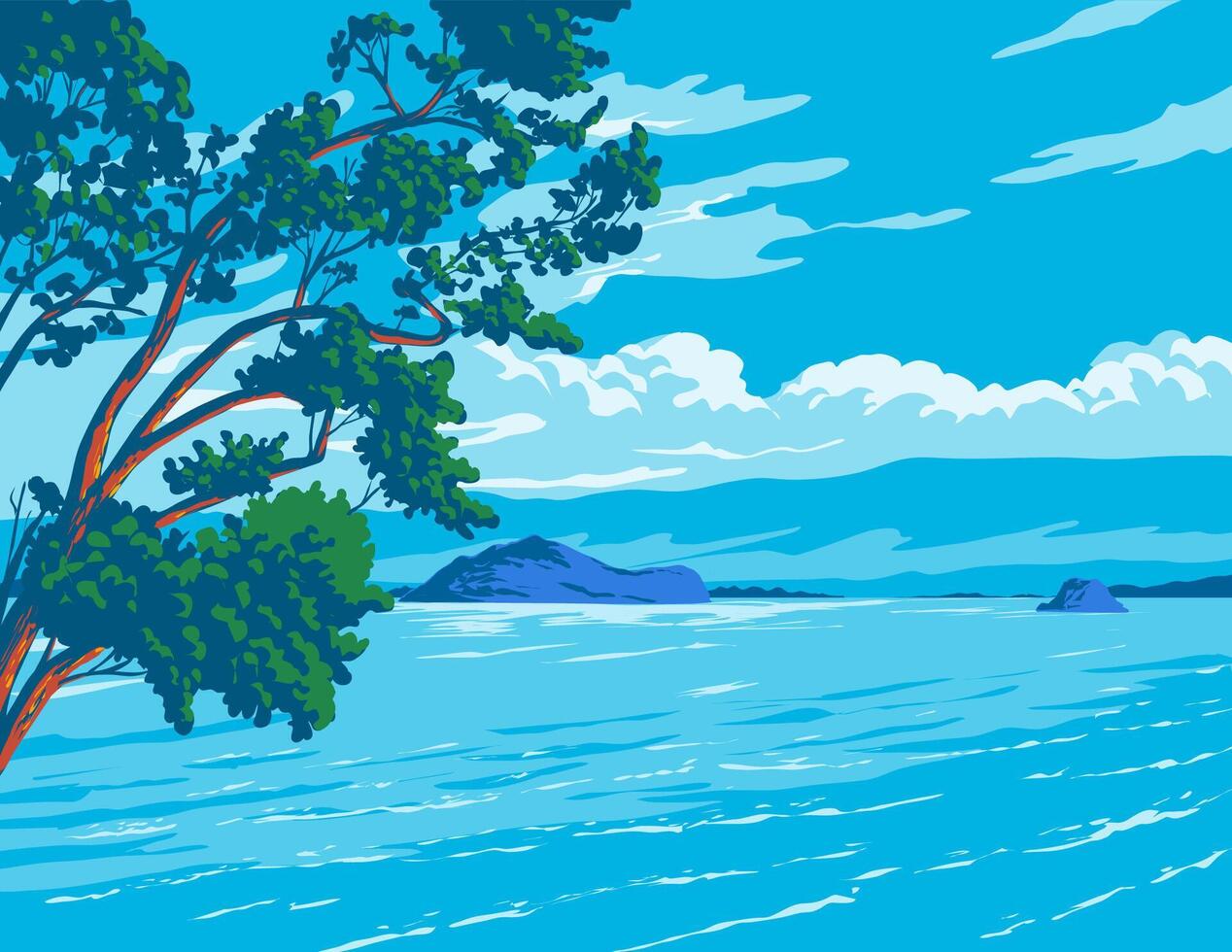 Taiputuputu Pahi Beach in Paihia Bay of Islands New Zealand WPA Poster Art vector