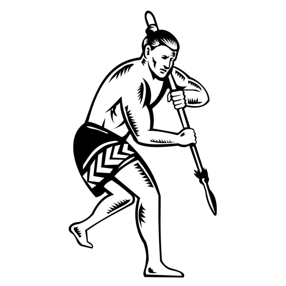Maori Warrior Fighting Stance Side View Woodcut vector