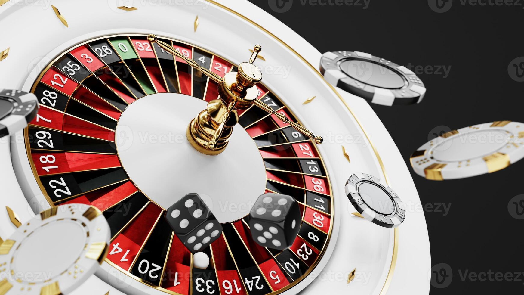 Casino chips, cubes, roulette, drum on dark black background - 3d render. Flying chip for online casinos and poker - winners, wealth concept. photo