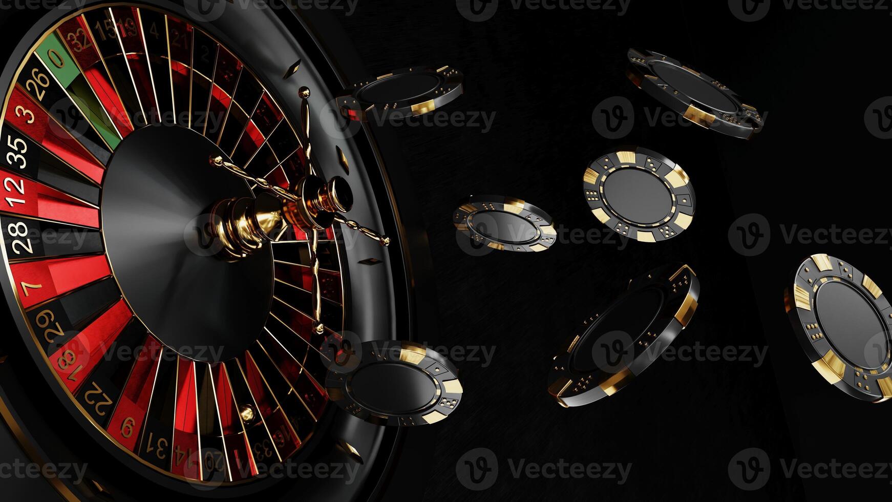 Casino chips, roulette, drum on dark black background - 3d render. Flying chip for online casinos and mobile gambling applications. photo
