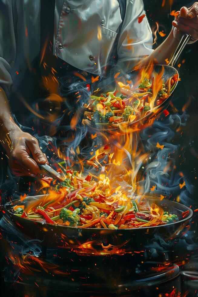 A chef is cooking food in a pan with flames photo