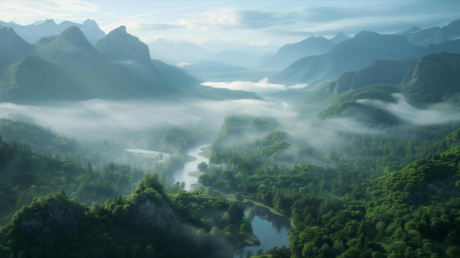 A river runs through a forest and mountains photo