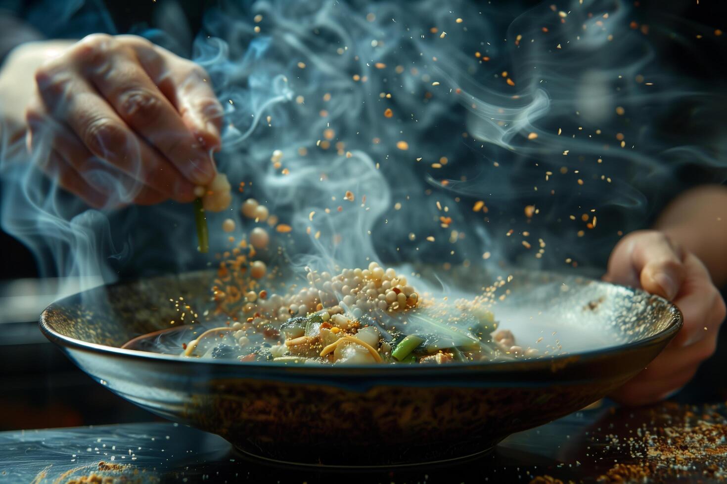 A person is stirring a bowl of food photo