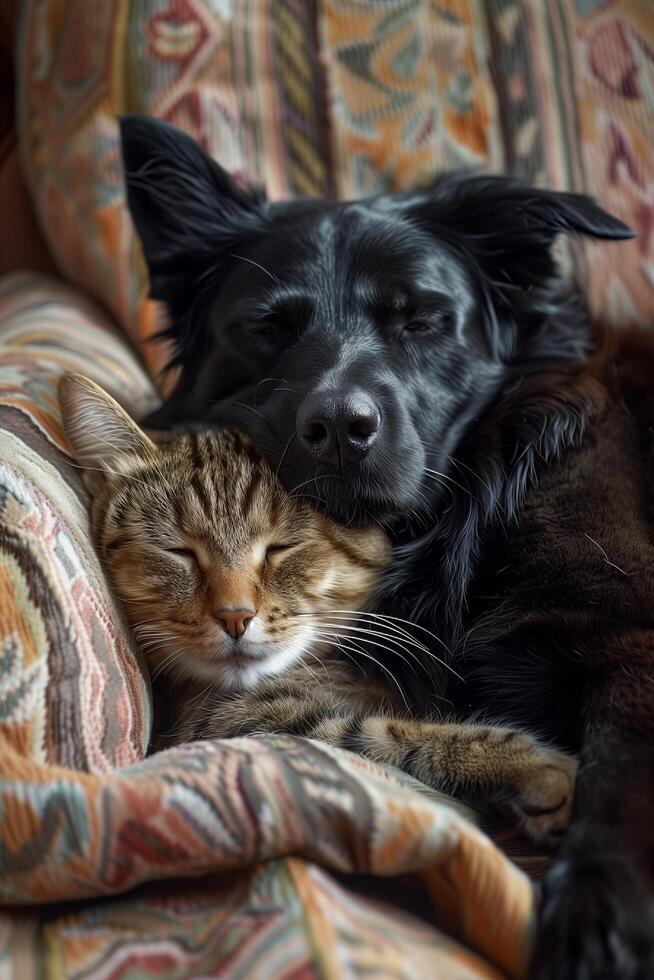 A dog and cat cuddle on a couch photo