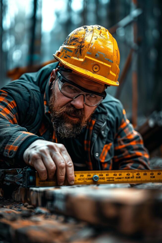 A man in a hard hat and safety glasses is measuring a piece of wood photo