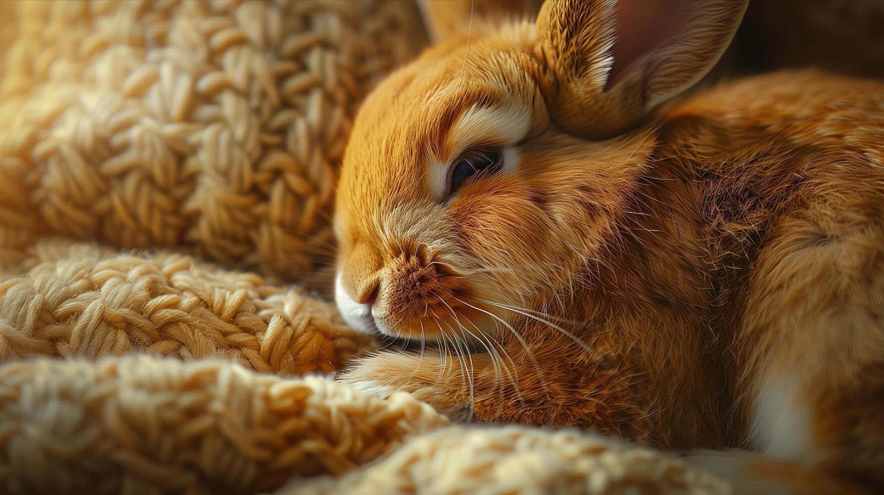 A small rabbit is laying on a blanket photo