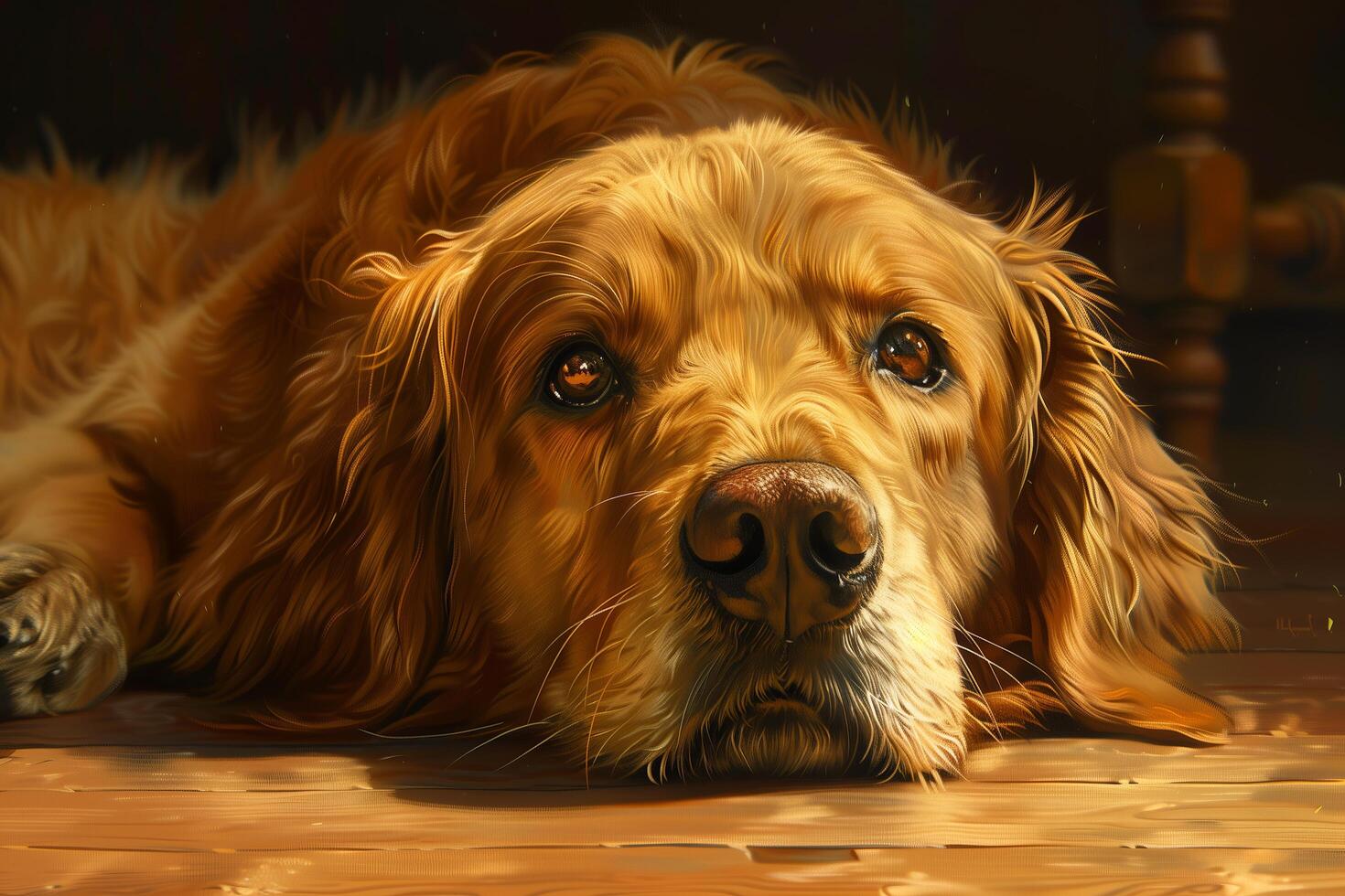 A painting of a golden retriever laying on the floor photo