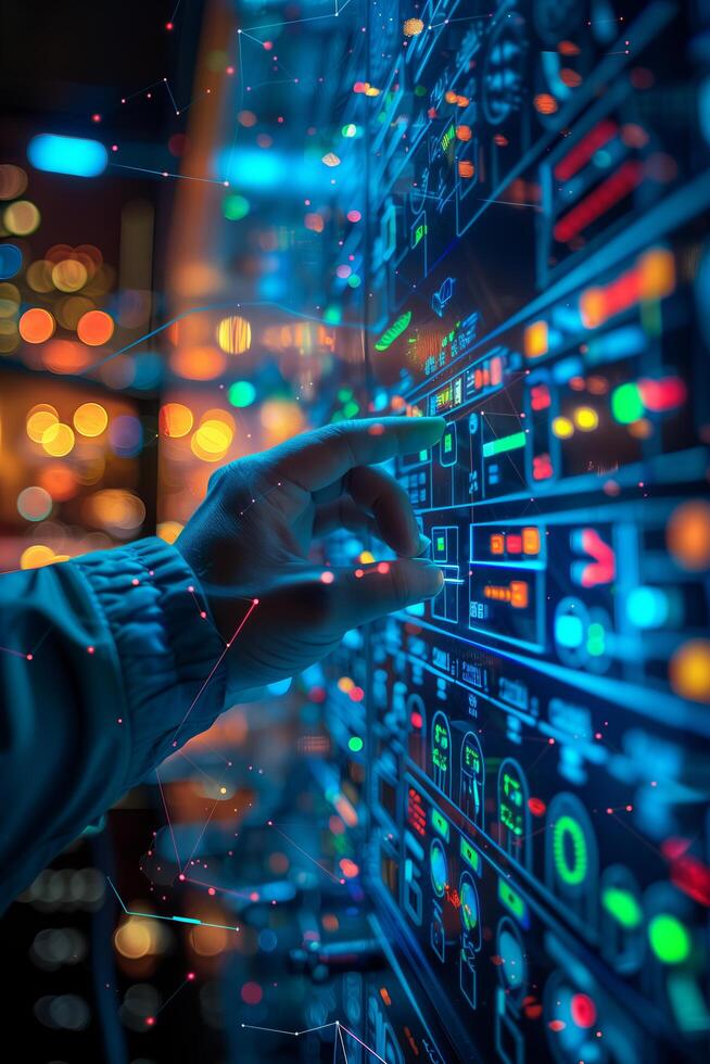 un persona es conmovedor un computadora pantalla con un brillante interfaz foto