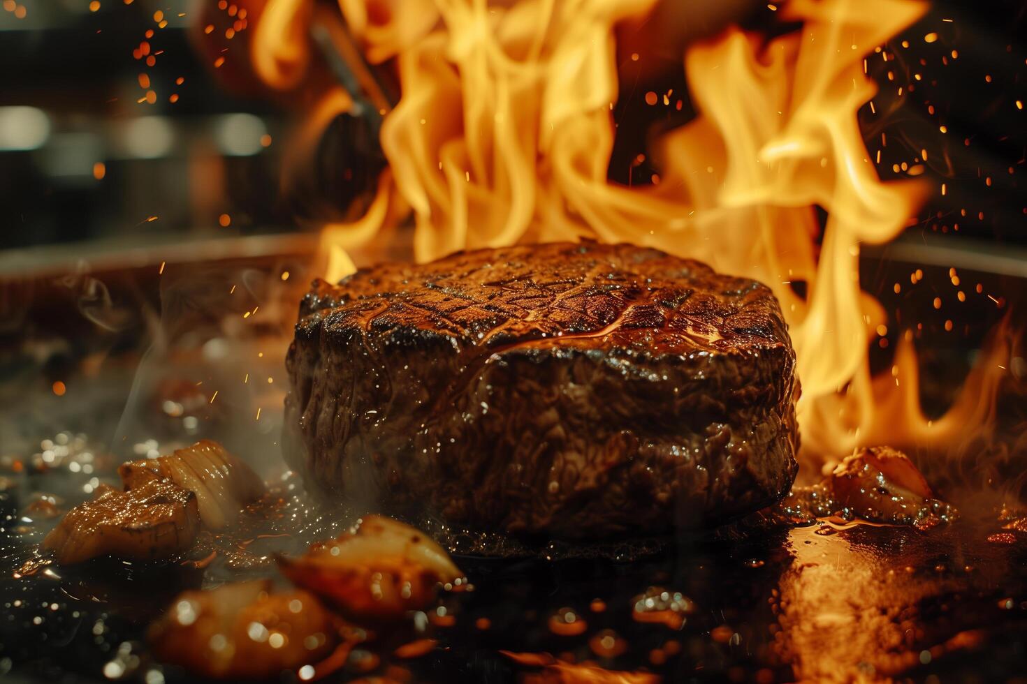 A steak is being cooked on a grill with flames photo