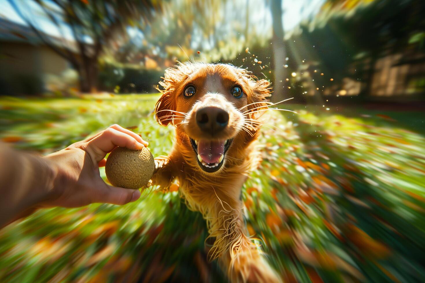 A dog running with a ball in its mouth photo