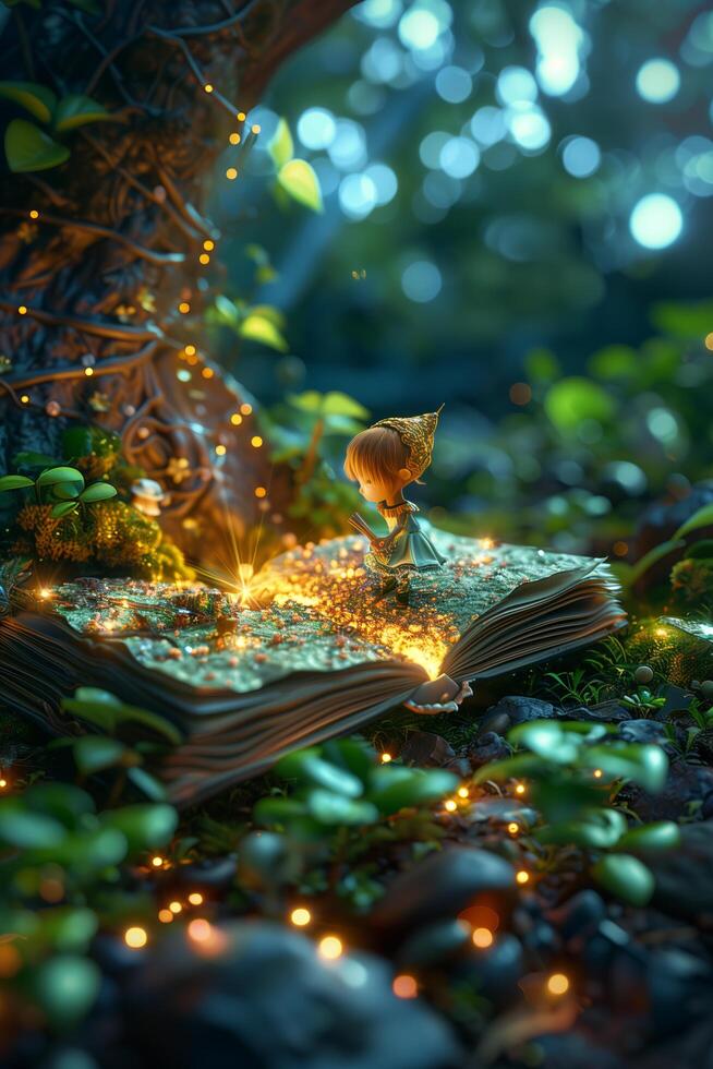 A fairy is sitting on a book in the forest photo