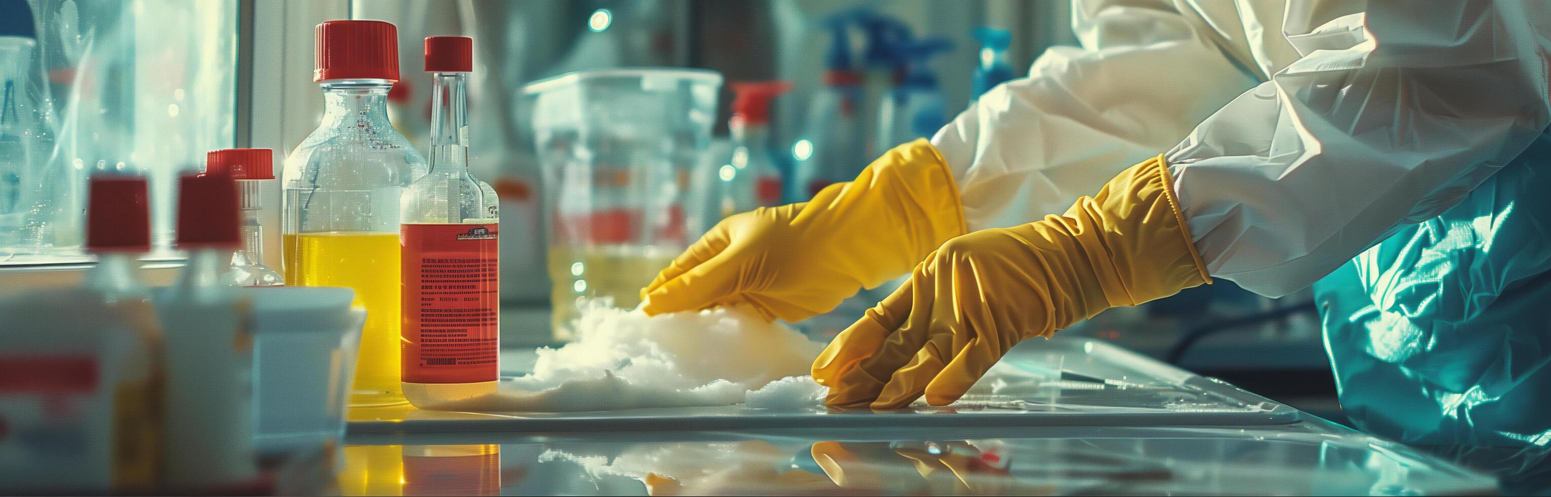 A person in a lab coat is cleaning something photo