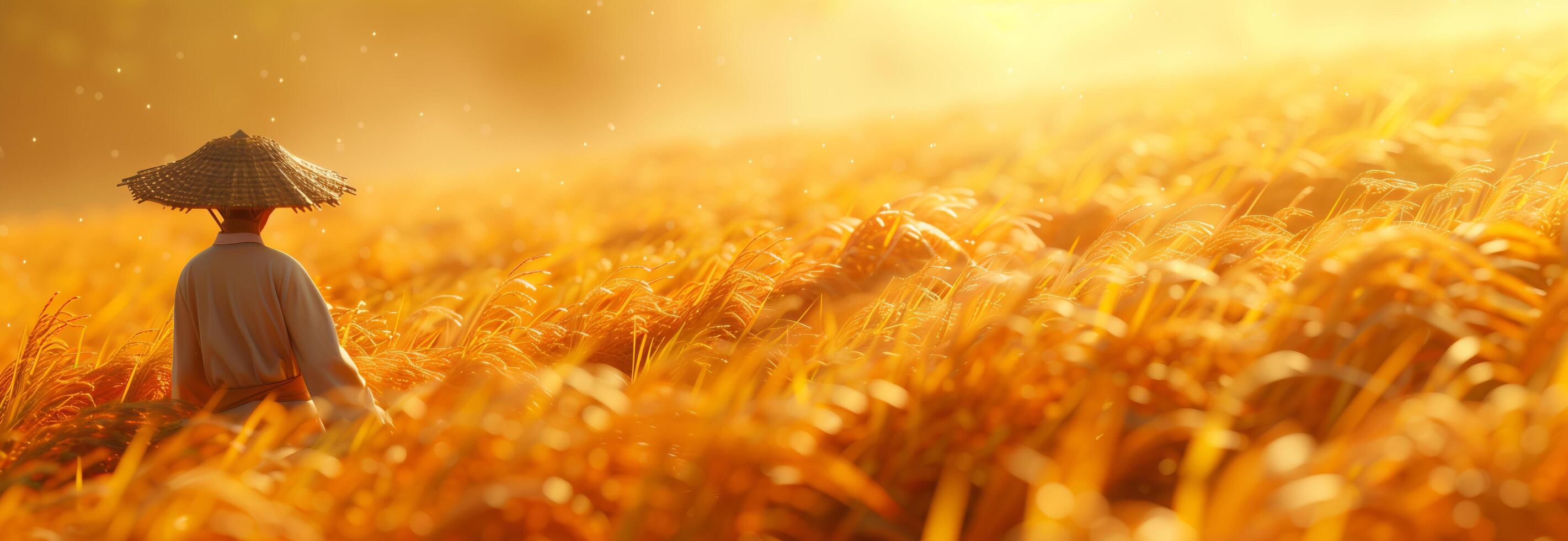 A person in a hat is walking through a field photo