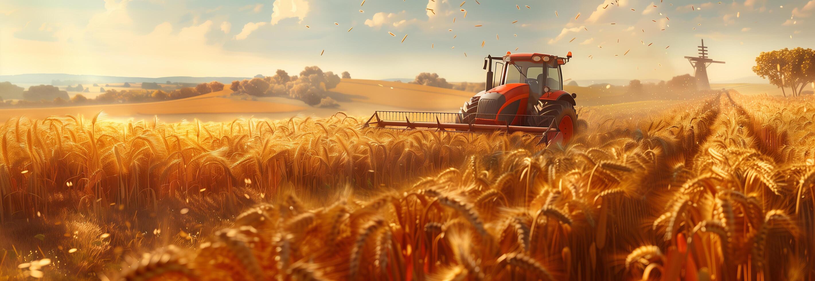 A tractor is in the middle of a wheat field photo