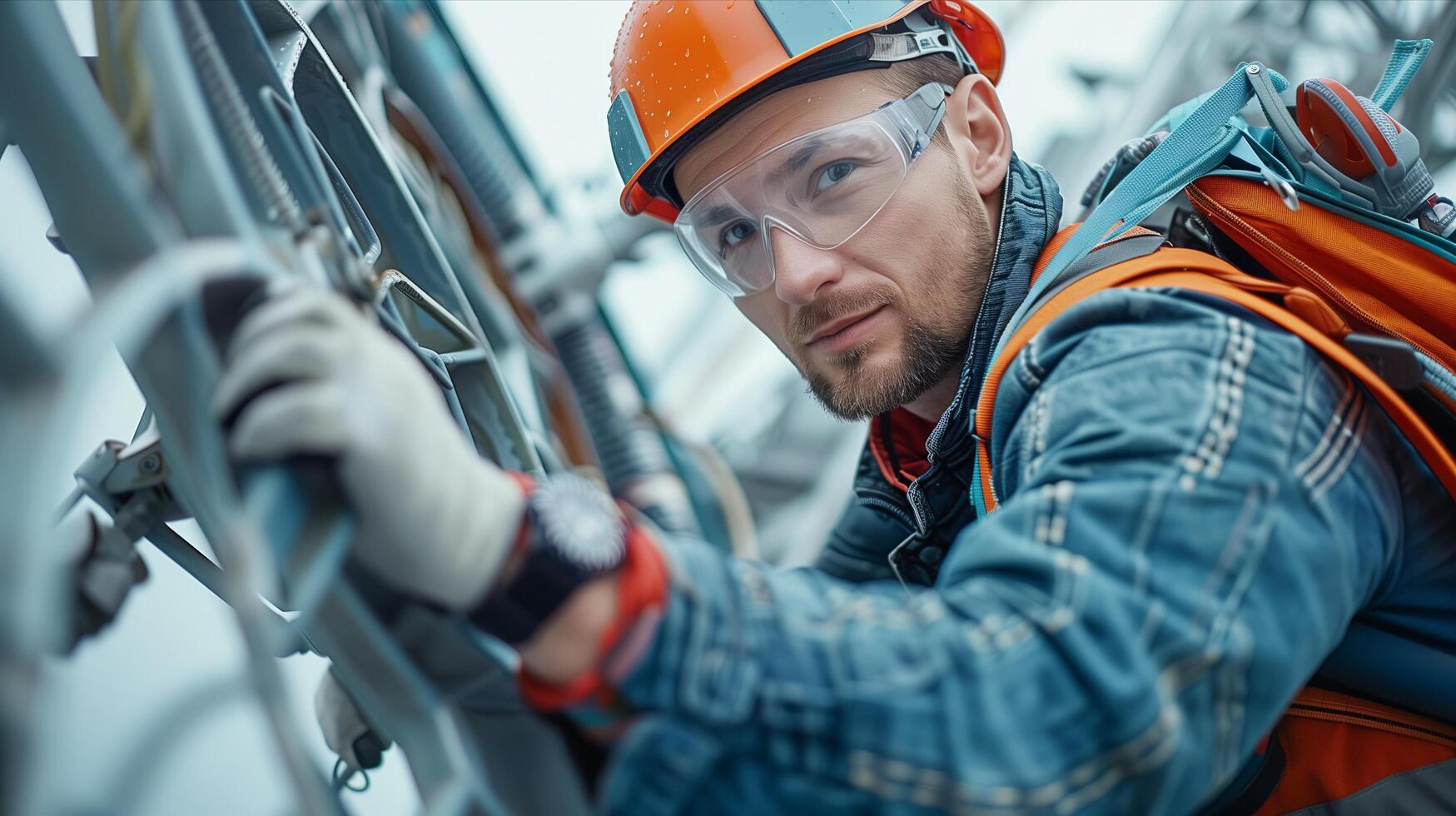 A man in an orange vest and safety glasses is working on a wire photo