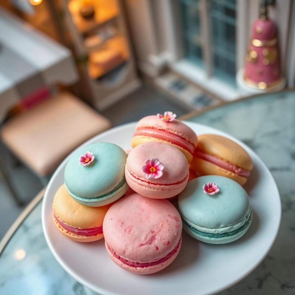 A plate of colorful macarons on a marble table photo