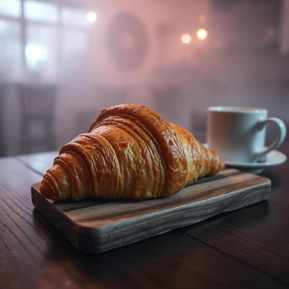 A croissant and coffee on a wooden table photo