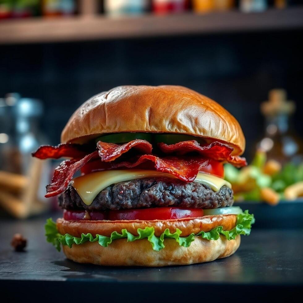 A large hamburger with bacon, cheese and lettuce photo