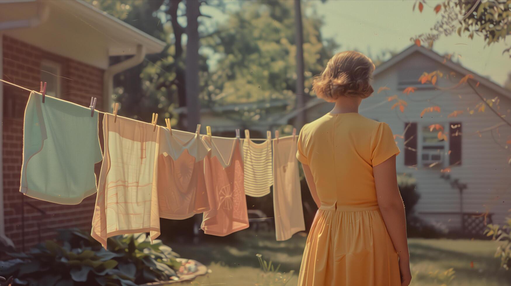 A woman in a yellow dress is standing in front of a house with clothes hanging on a clothes photo