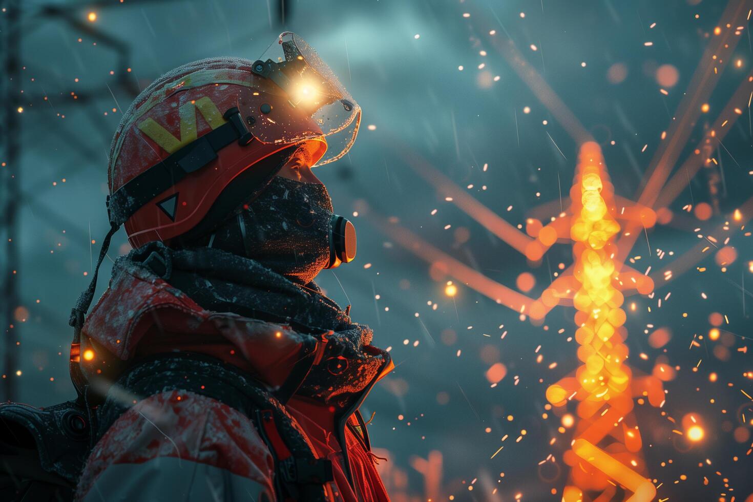 A man in a red helmet and red jacket standing in front of a power line photo