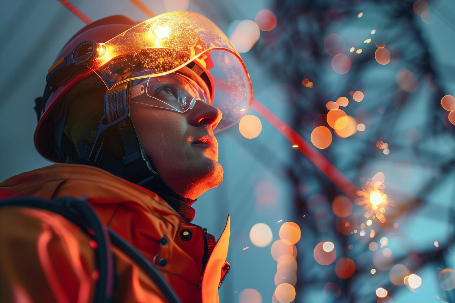A man in an orange jacket and helmet is looking up at the sky photo