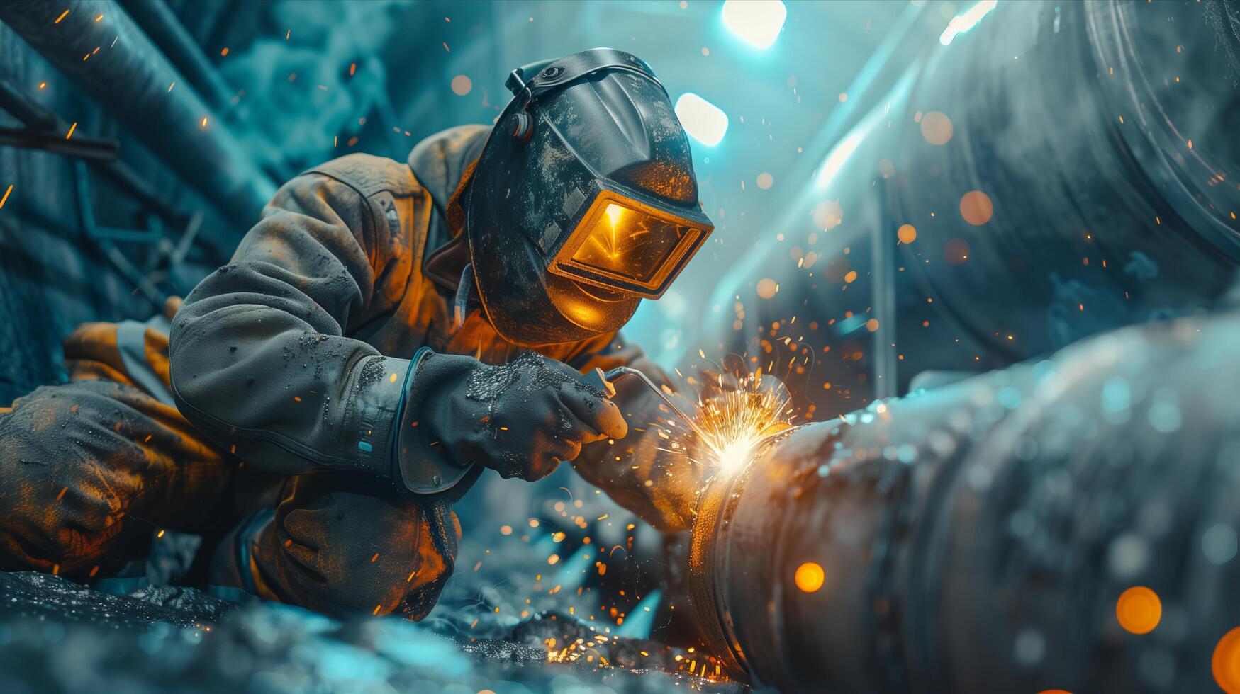 Welder welding pipes in industrial factory photo