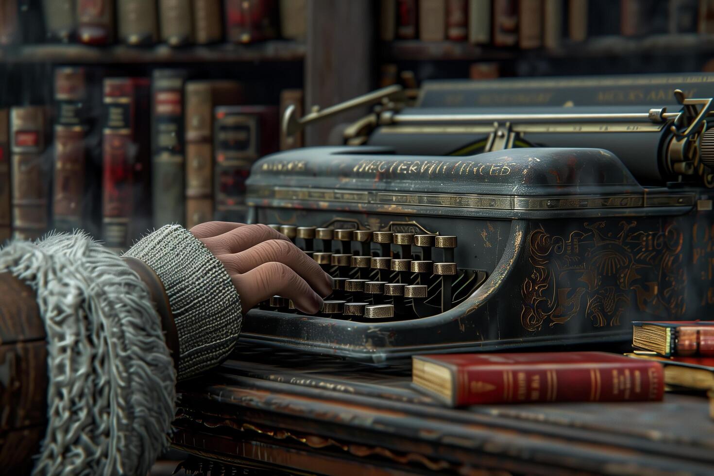 A person's hand is on a typewriter in front of a bookcase photo