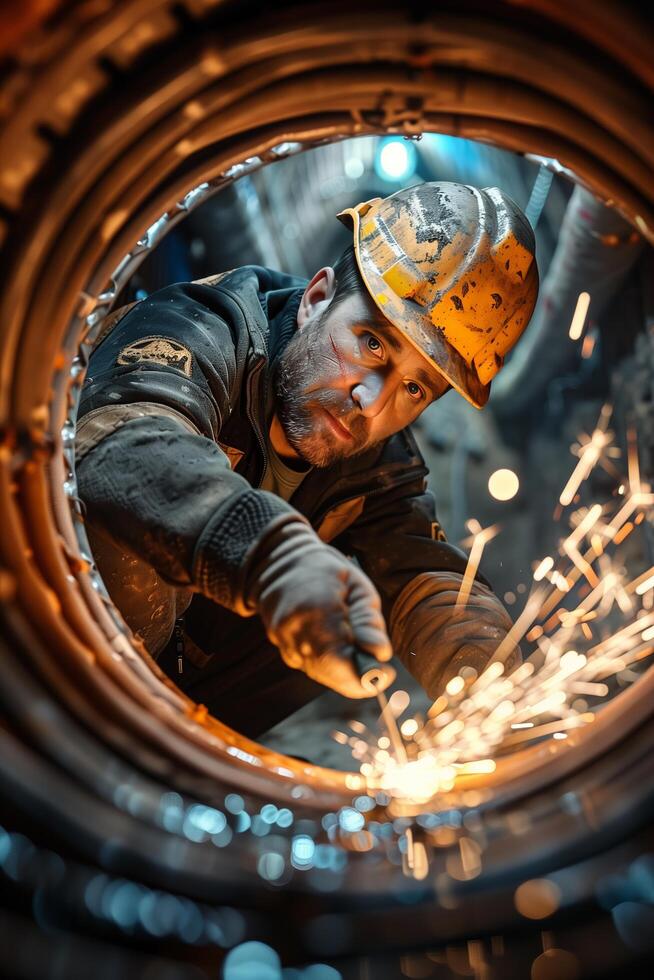 A man in a hard hat welding with sparks photo