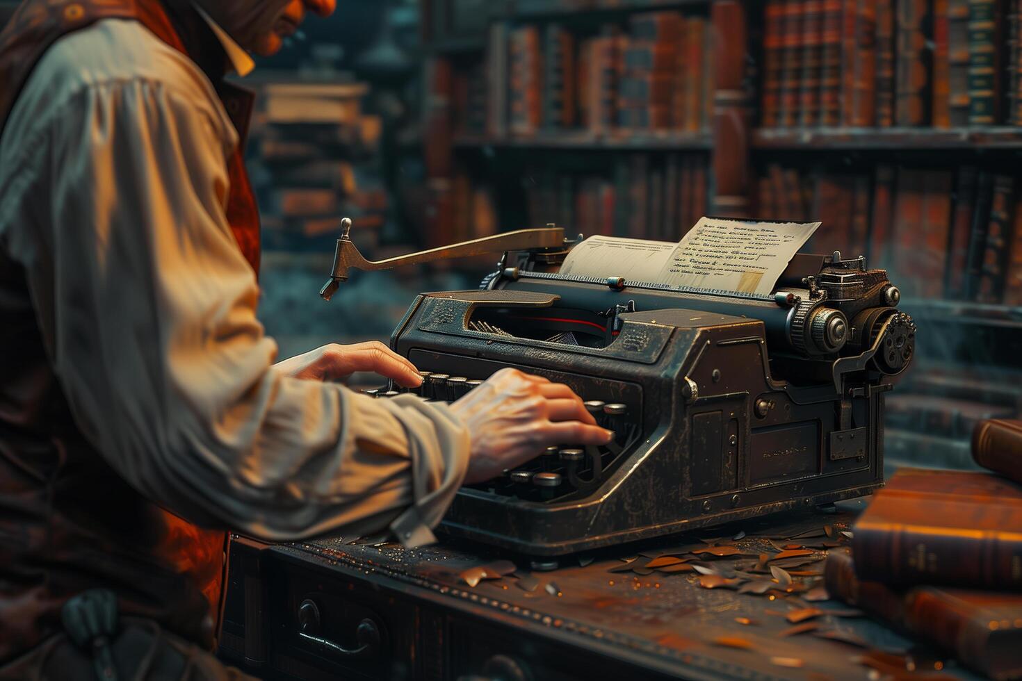 A man is typing on an old typewriter in a library photo
