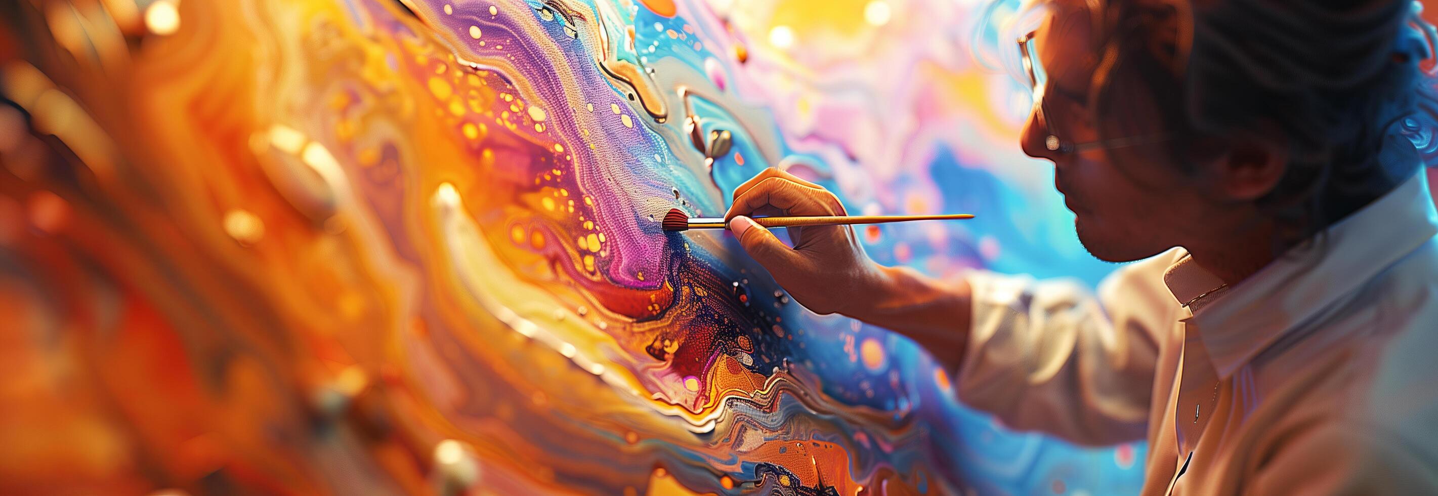 A man painting on a colorful painting photo
