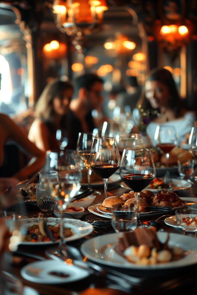 A group of people sitting at a table with a lot of food photo