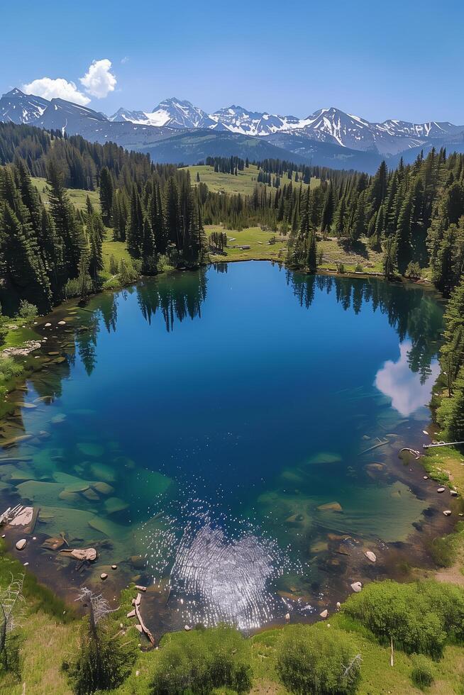 A lake surrounded by trees and mountains photo