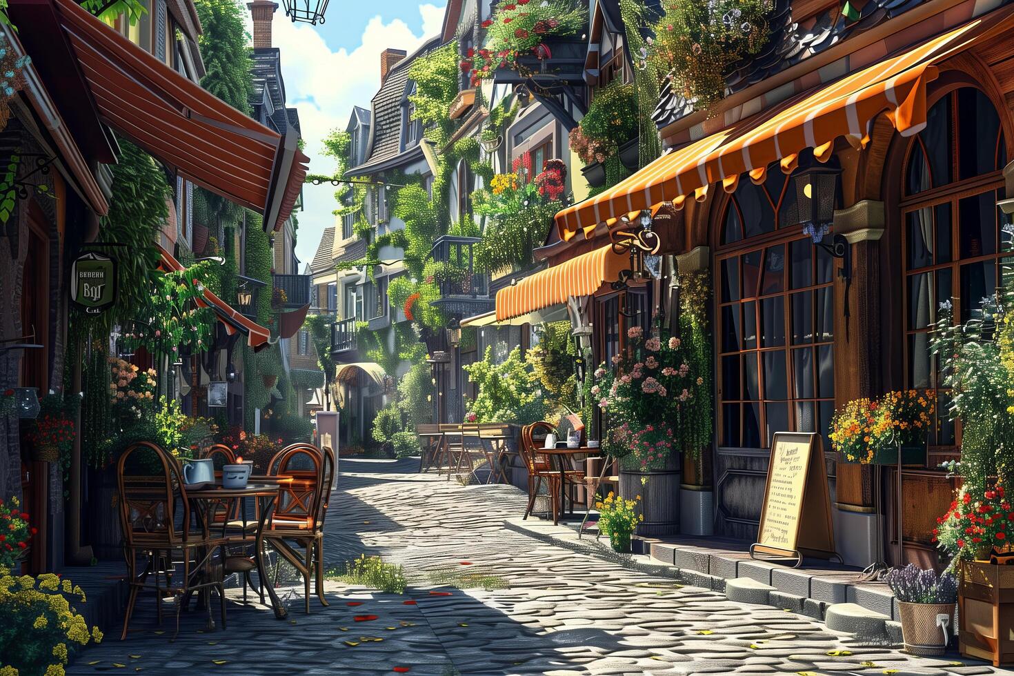 A street with tables and chairs in a city photo
