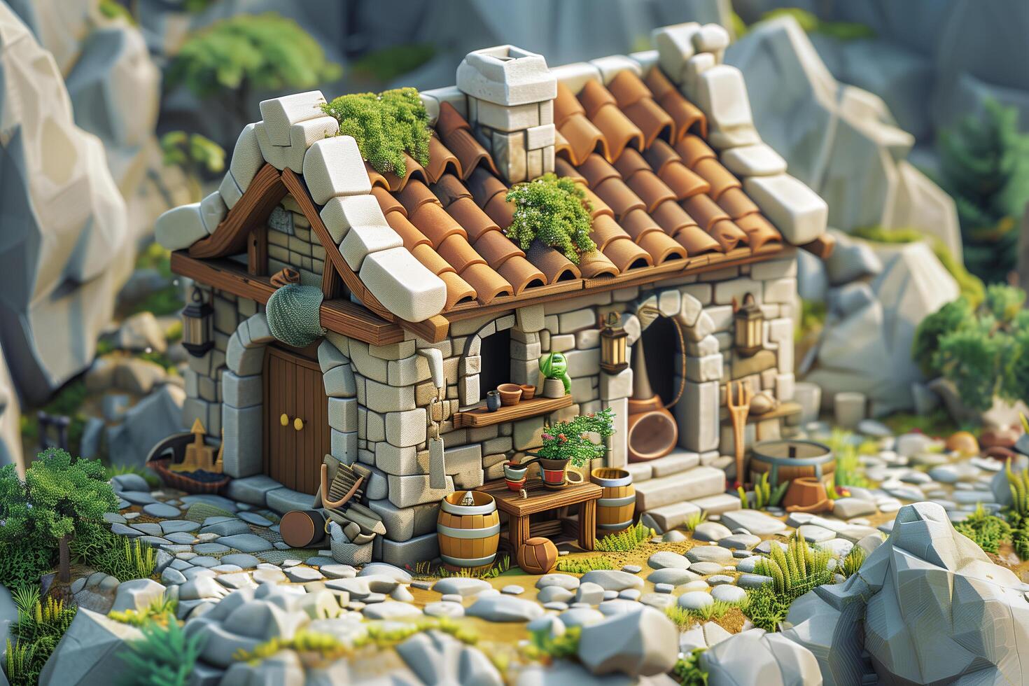 A small stone house in the middle of a rocky landscape photo