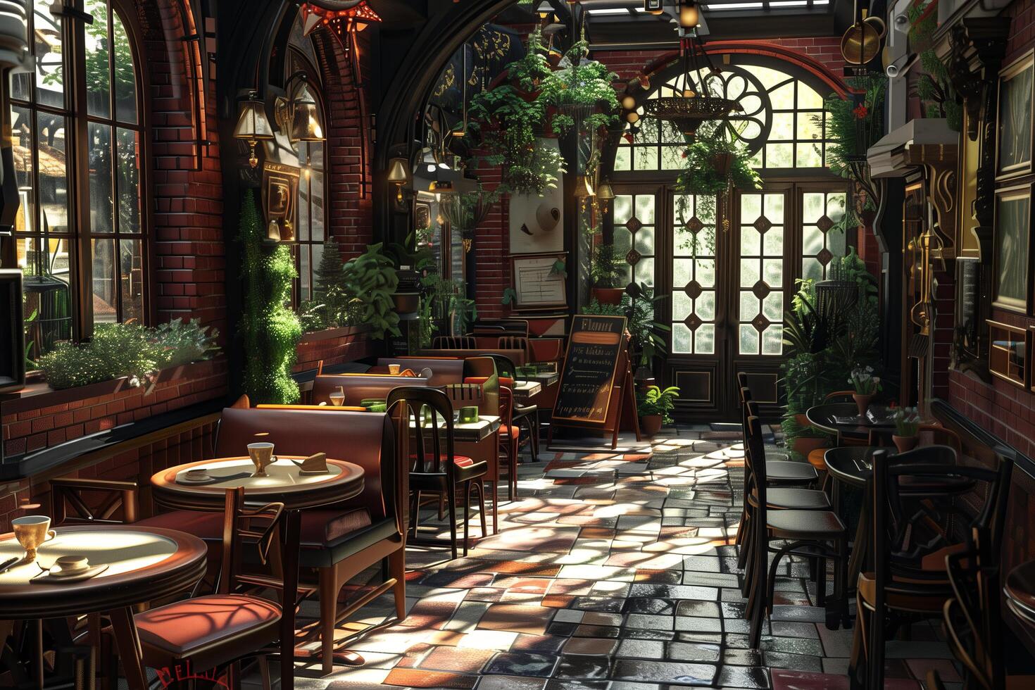 A restaurant with tables and chairs in the middle of a room photo